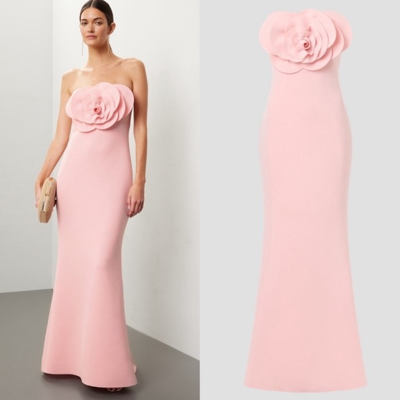 Badgley Mischka Rosette 3D Flower Scuba Strapless Gown In...